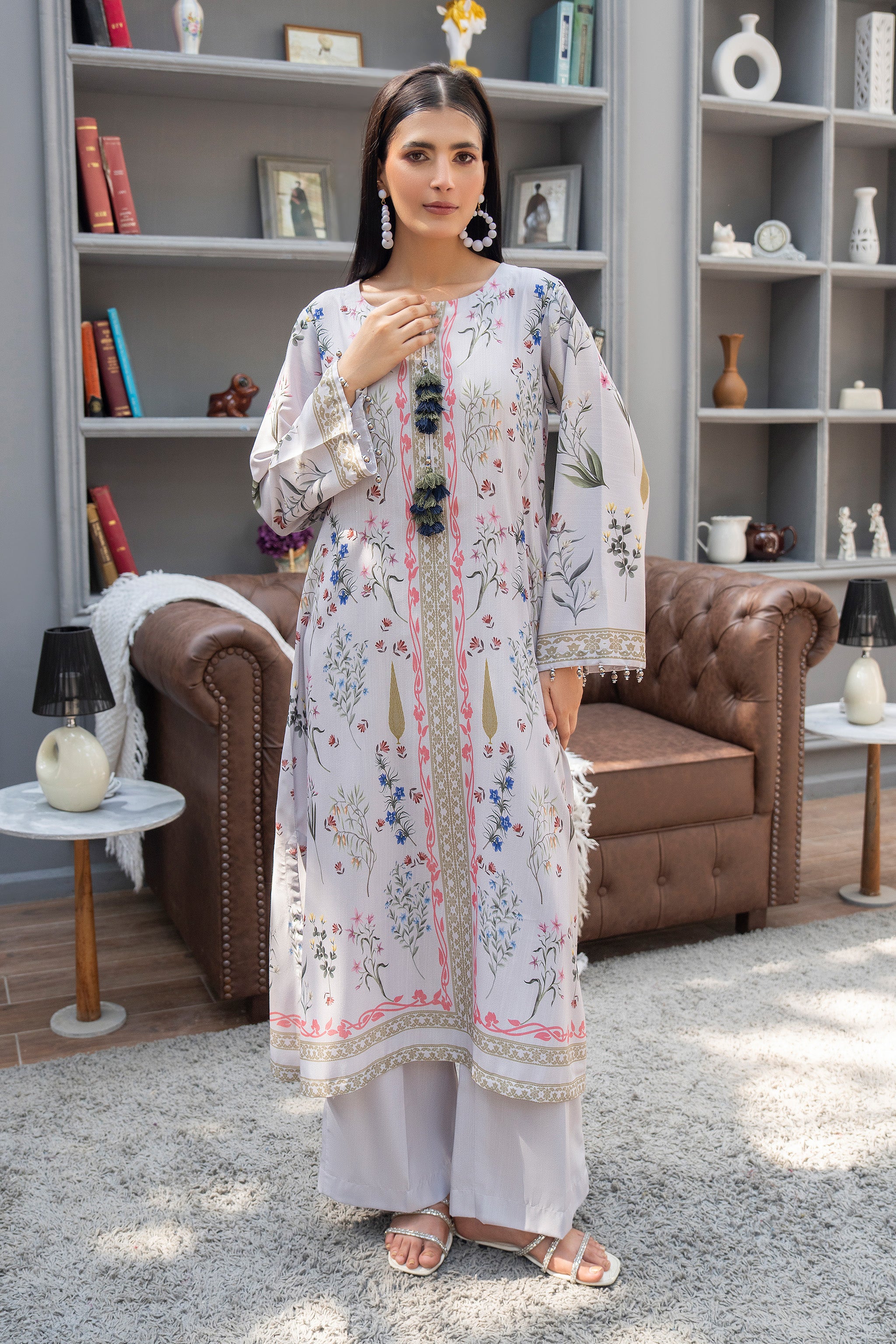 2 Pcs Ready To Wear  Grey Paint Silk Suit - AR-3902 - Arfa Riwaj