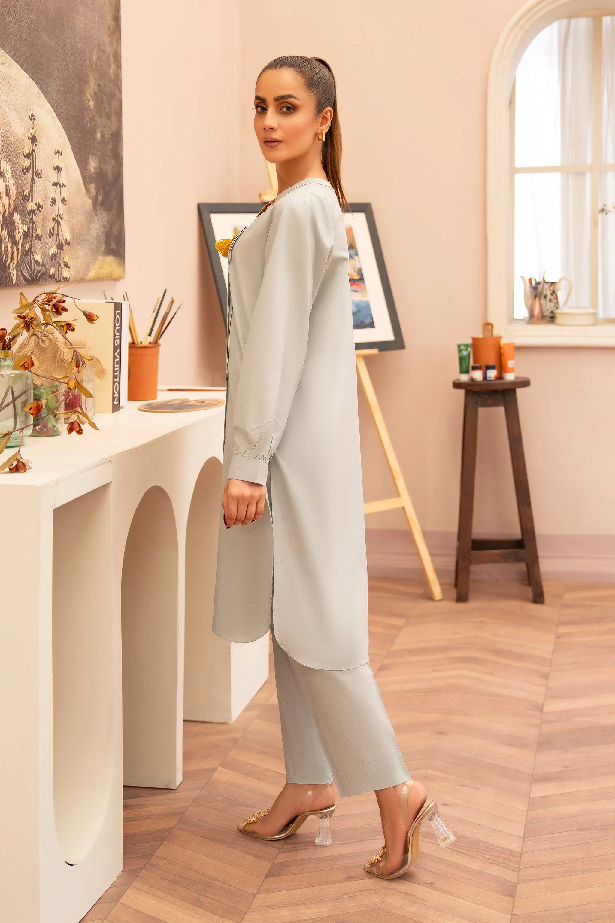 2 Piece Light Grey Lawn Suit RTW - AR-S2-02 - ARFARIWAJ