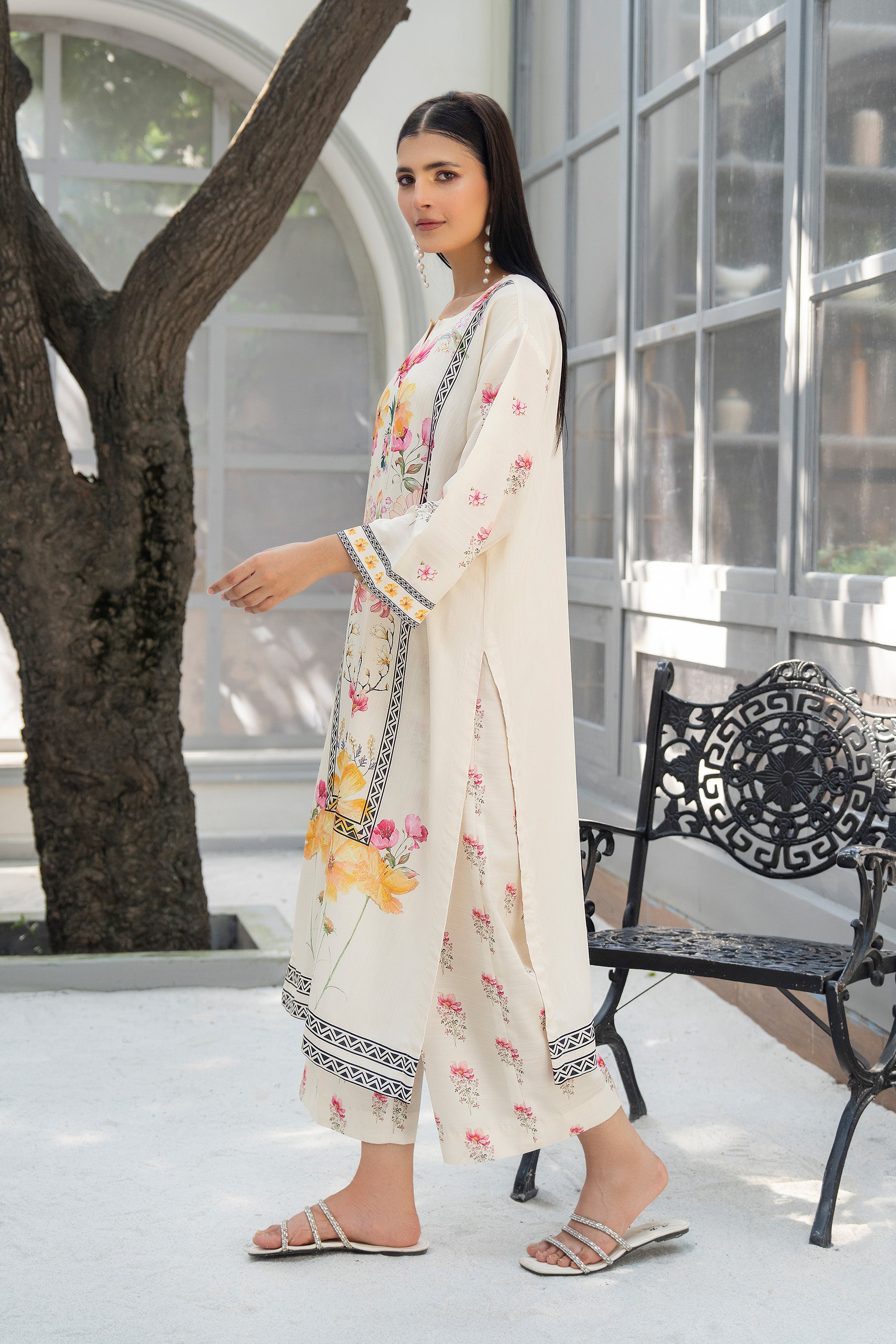 2 Piece Ready To Wear Off-White Silk Suit -AR-3901 - Arfa Riwaj