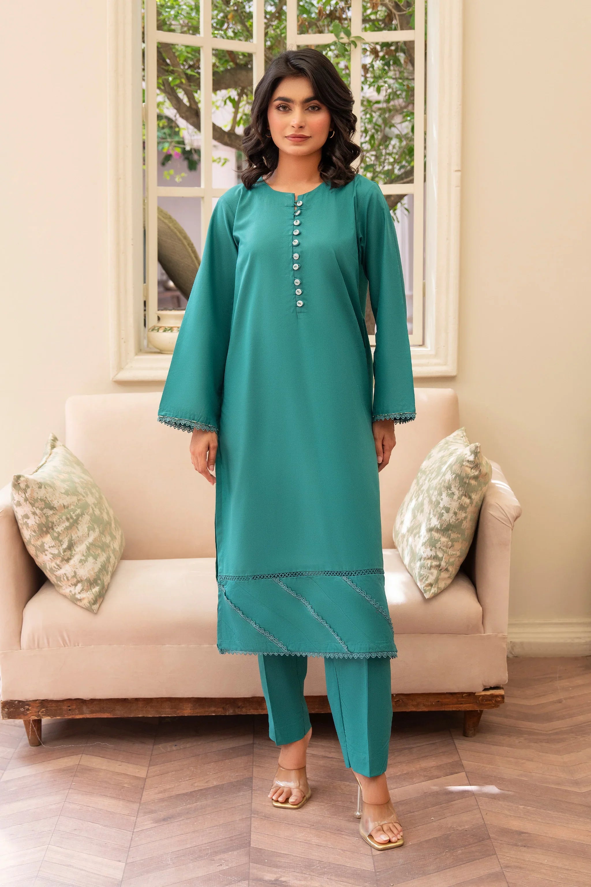 2 Piece Sea Green Lawn Suit RTW - AR-S2-04 - ARFARIWAJ