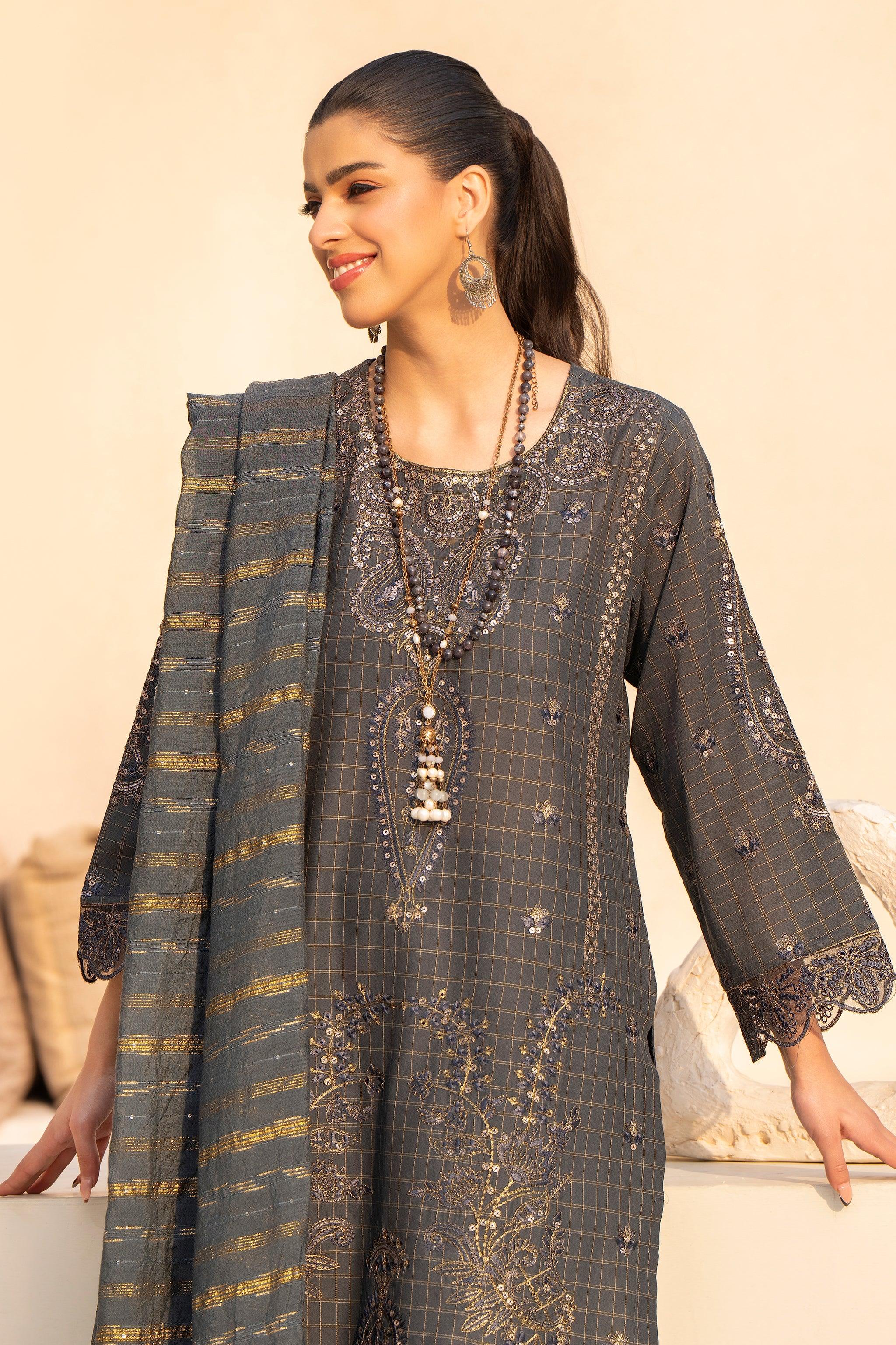 3PC Greyish Blue Grid Lawn Ready To Wear - AR-3653 - ARFARIWAJ