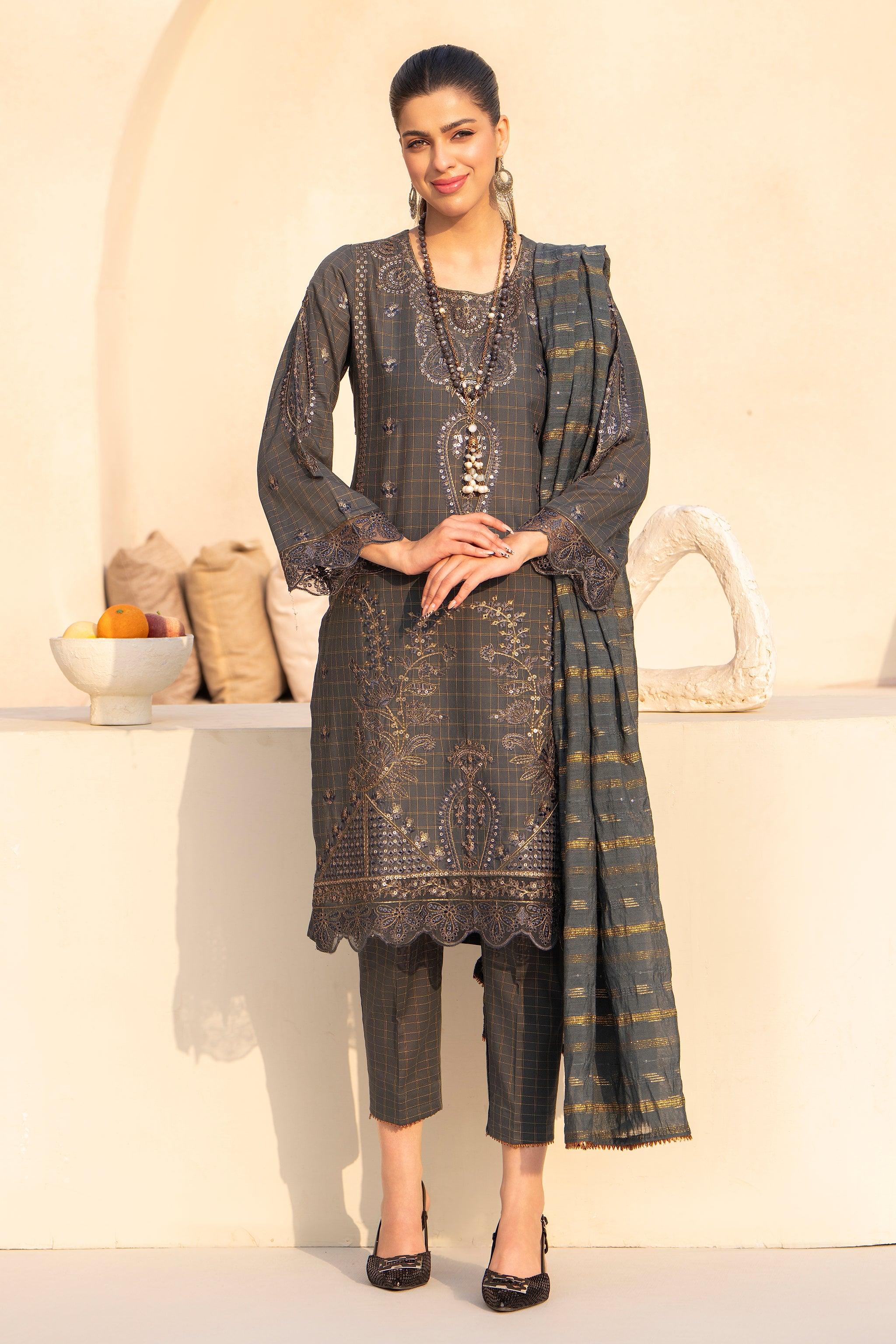 3PC Greyish Blue Grid Lawn Ready To Wear - AR-3653 - ARFARIWAJ