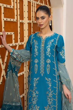 3Pc Ocean Blue Thai Silk Ready To Wear - AR-3460 - ARFARIWAJ