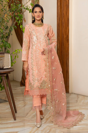 3 PC Peach Zari Jacquard Ready To Wear - AR-3669 - ARFARIWAJ