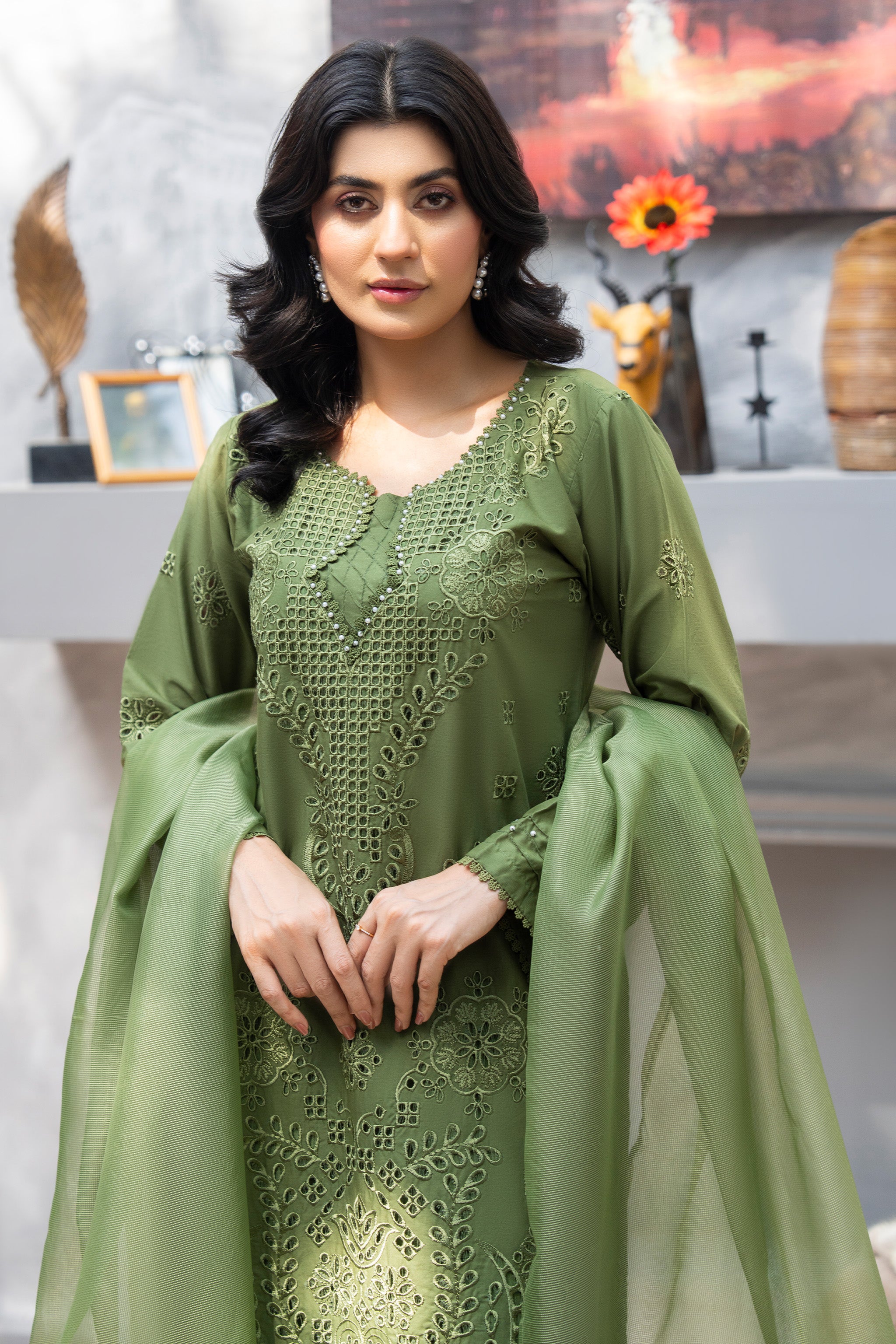 3 PC Ready To Wear Green Cambric -AR-3604(OLIVE) - ArfaRiwaj