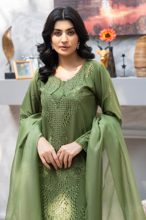 3 PC Ready To Wear Green Cambric -AR-3604(OLIVE) - ArfaRiwaj