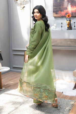 3 PC Ready To Wear Green Cambric -AR-3604(OLIVE) - ArfaRiwaj