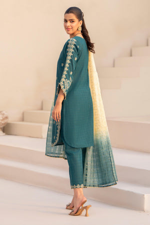 3 PC Teal Blue Grid lawn Ready To Wear - AR-3616 - ARFARIWAJ