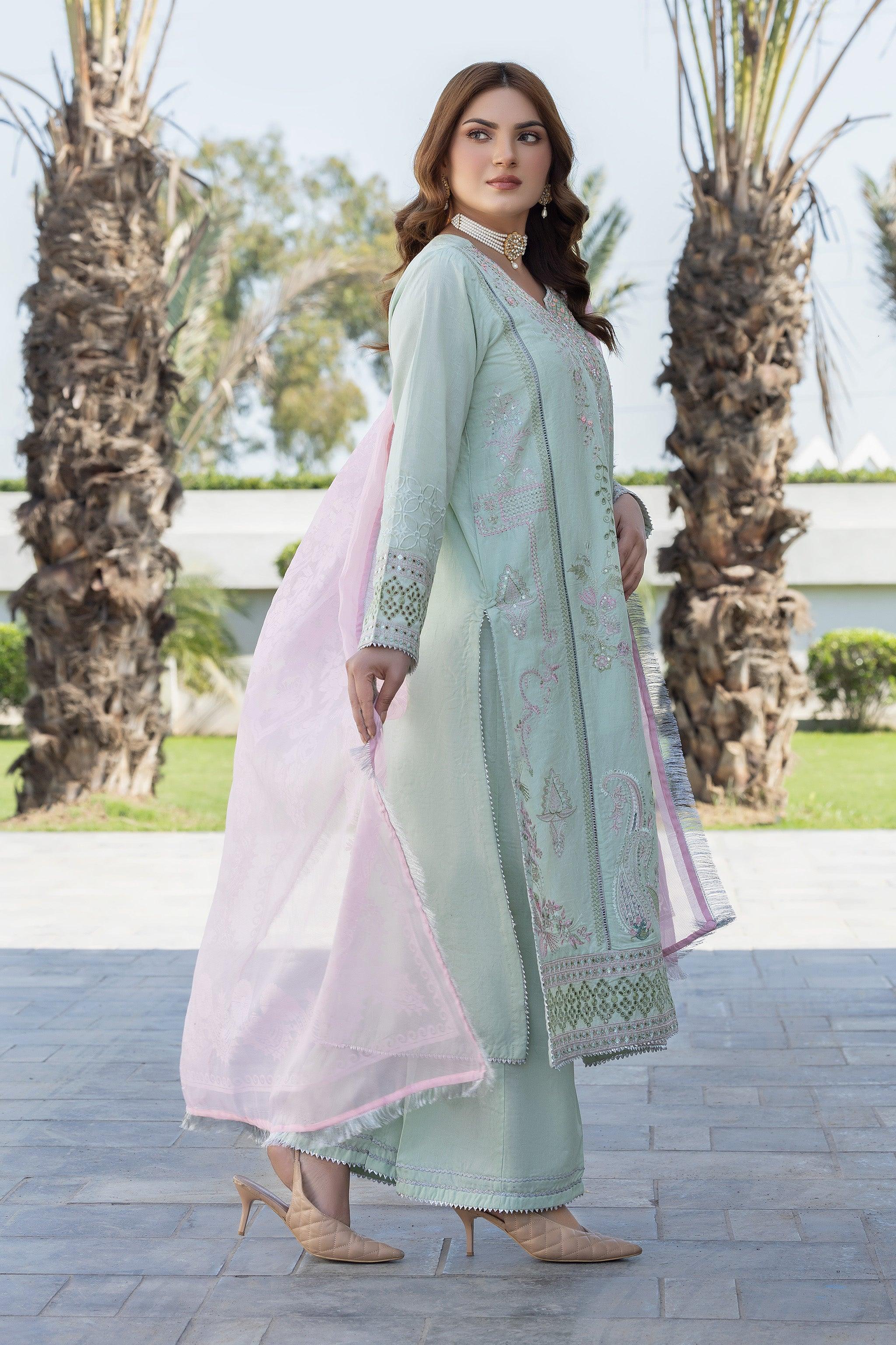 3 Pcs Aero Blue Self Jacquard Ready To Wear - AR-3623 - ARFARIWAJ