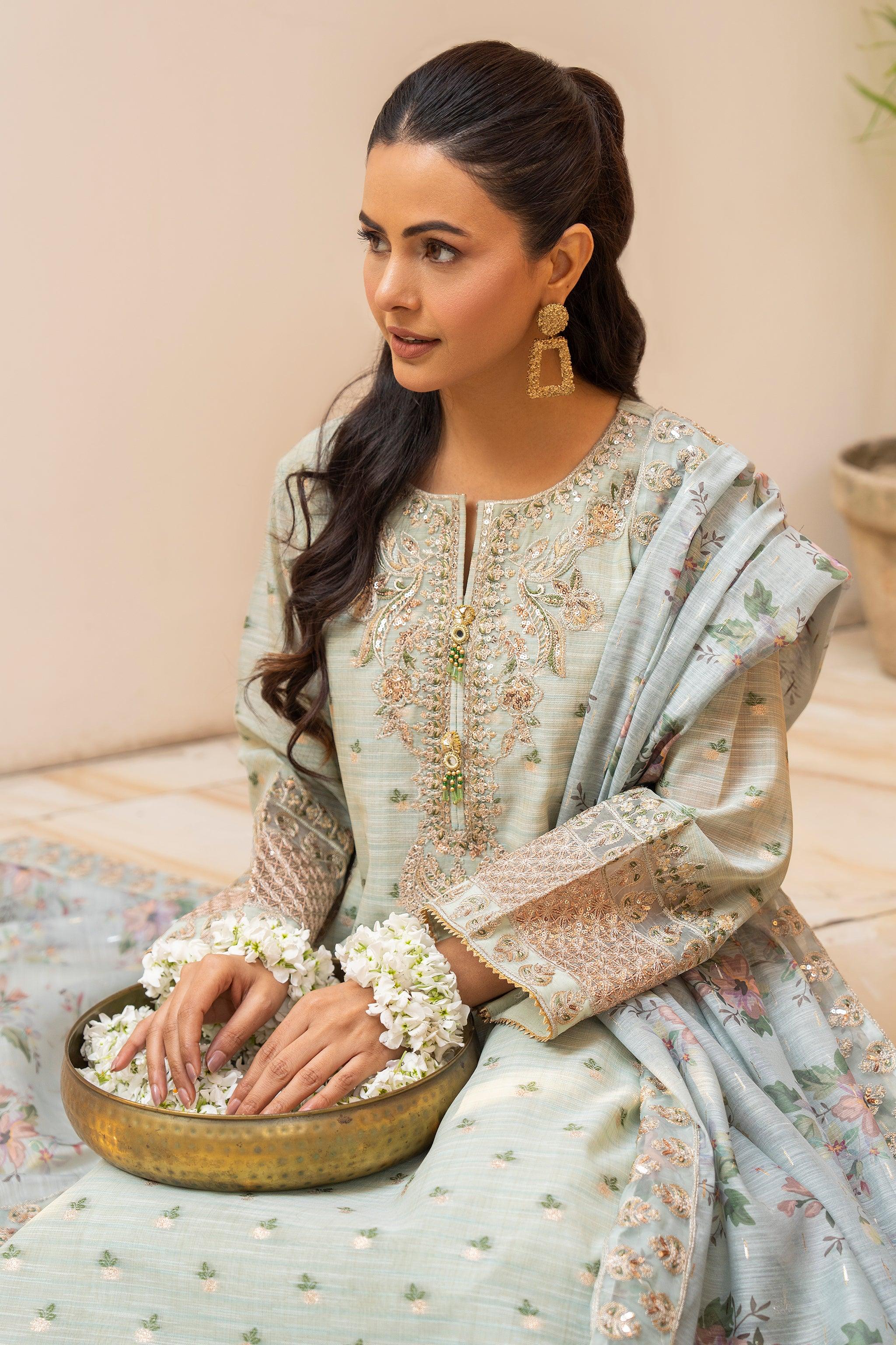 3 Pcs Mint Zari Jacquard Ready To Wear - AR-3581 - ARFARIWAJ