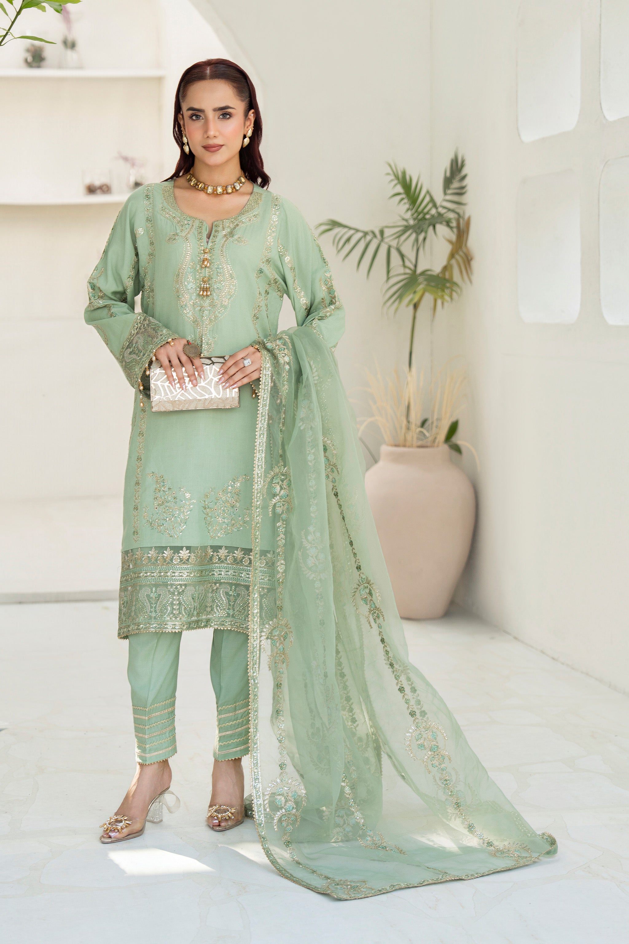 3 Pcs Ready To Wear Green Viscose Suit - AR-3881 - ARFARIWAJ