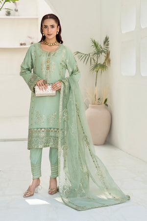3 Pcs Ready To Wear Green Viscose Suit - AR-3881 - ARFARIWAJ