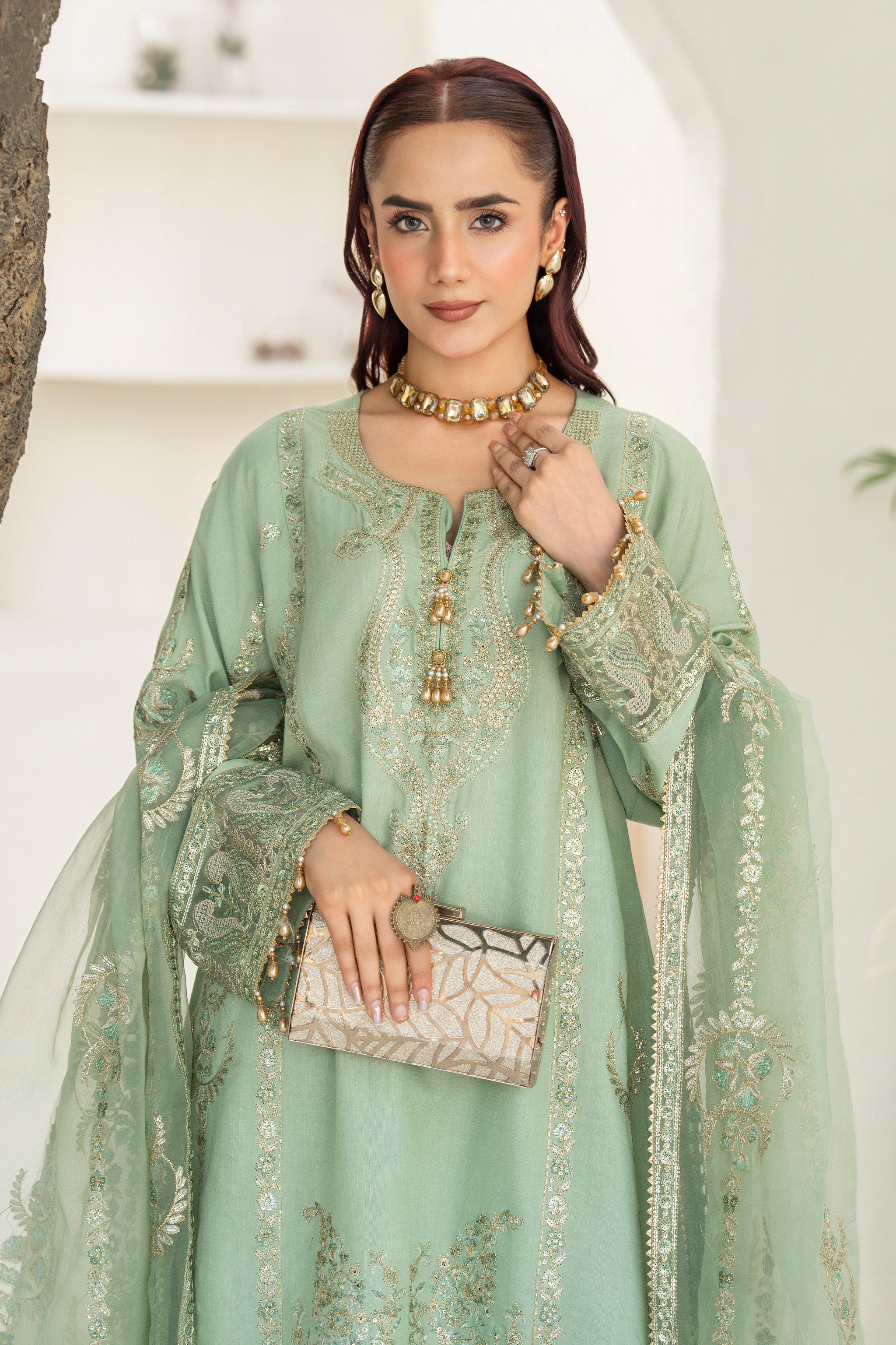 3 Pcs Ready To Wear Green Viscose Suit - AR-3881 - ARFARIWAJ