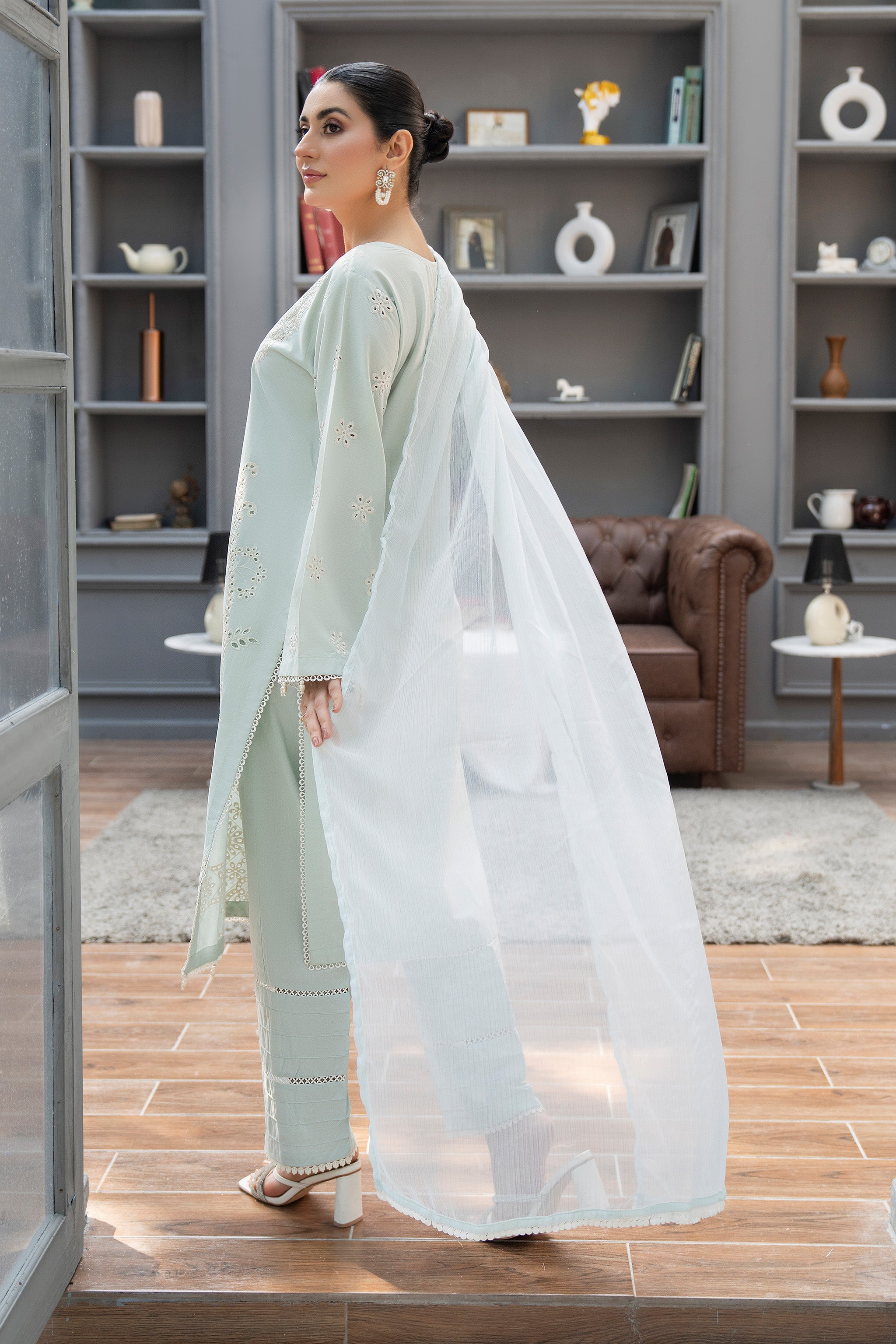 3 Pcs Ready To Wear Mint Green Cambric Suit - AR-3787 - ARFARIWAJ