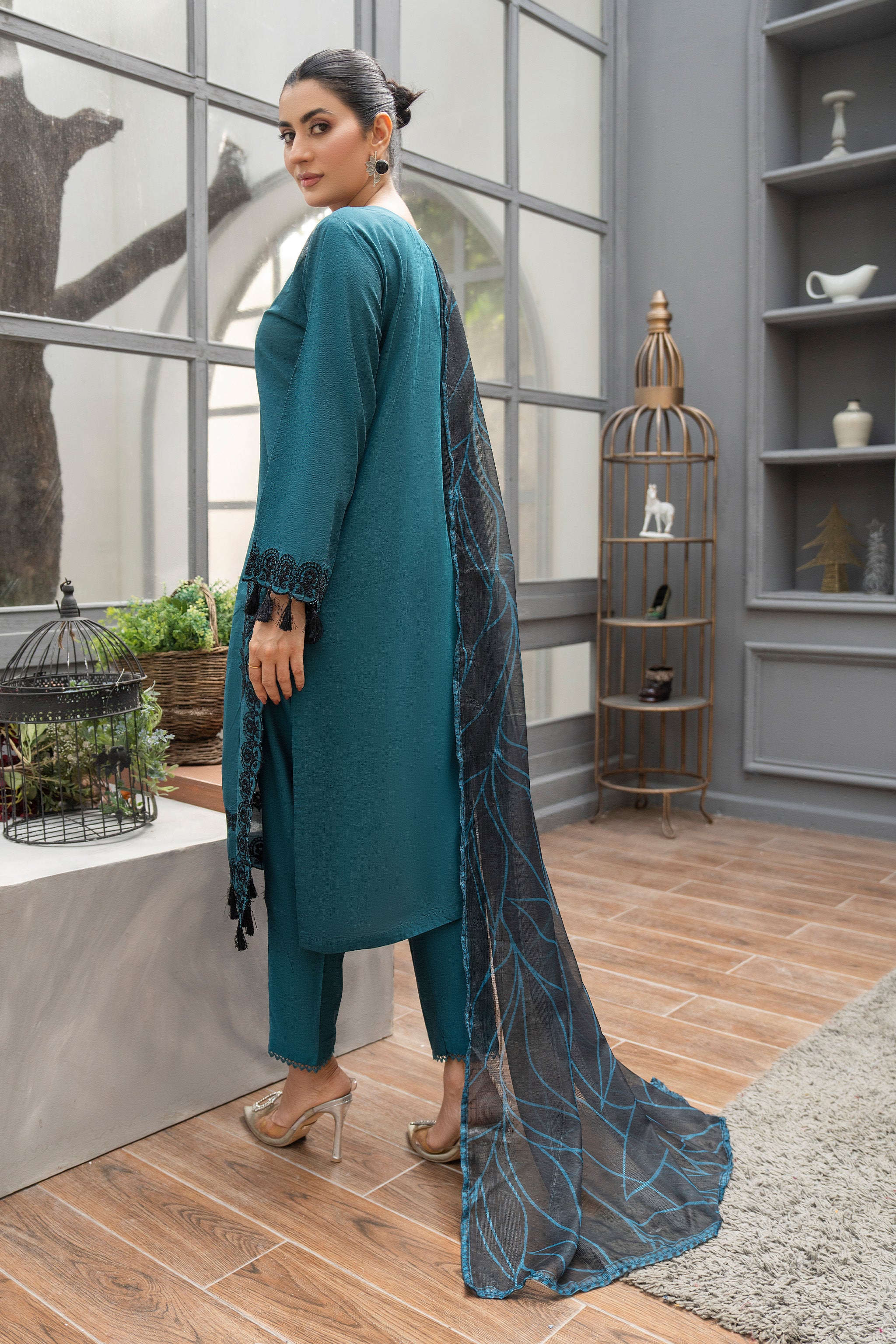 3 Pcs Ready To Wear Turquoise Chambray - AR-3830 - ArfaRiwaj