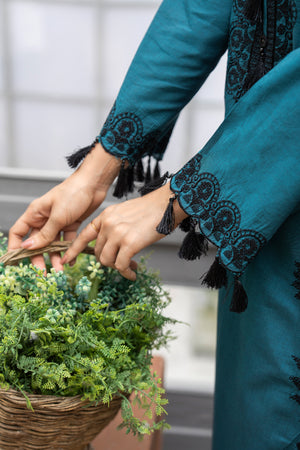 3 Pcs Ready To Wear Turquoise Chambray - AR-3830 - ArfaRiwaj