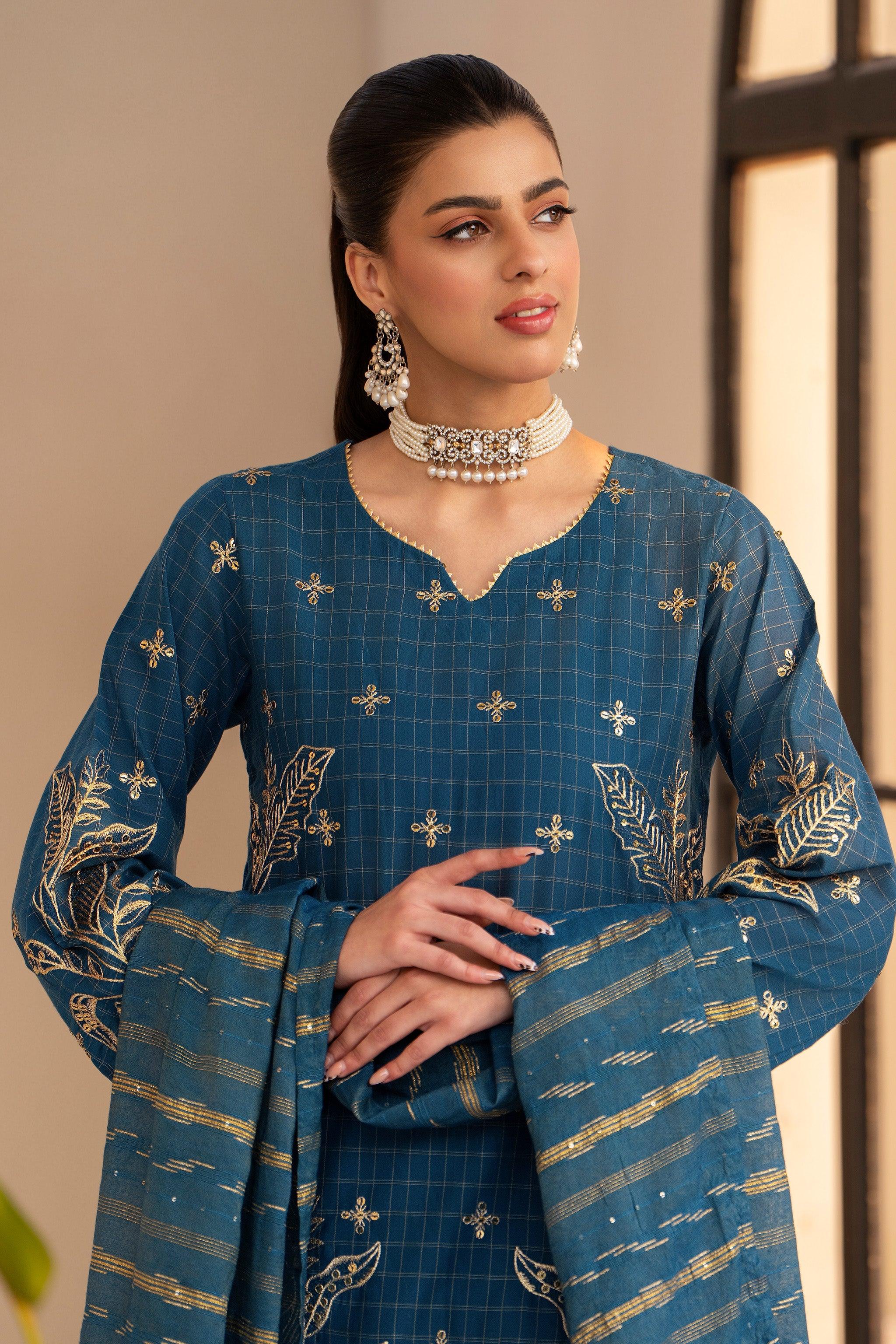 3 Piece Blue Grid Lawn Ready To Wear - AR-3666 - ARFARIWAJ