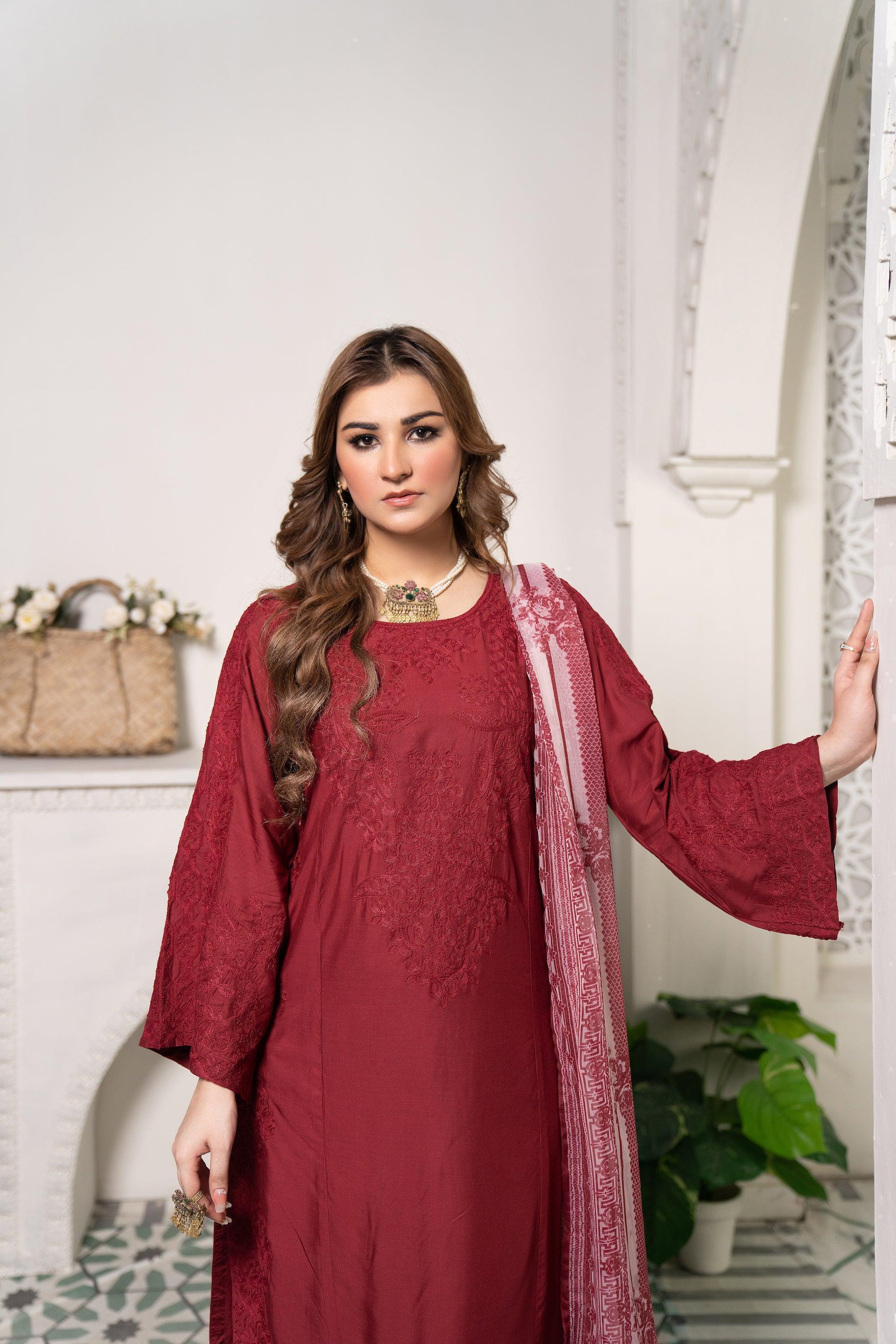 3 Piece Cotton Suit Ready To Wear - AR-3016-Maroon Sheesh - ARFARIWAJ