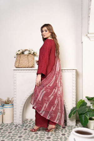 3 Piece Cotton Suit Ready To Wear - AR-3016-Maroon Sheesh - ARFARIWAJ