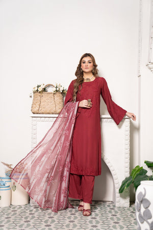 3 Piece Cotton Suit Ready To Wear - AR-3016-Maroon Sheesh - ARFARIWAJ