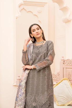 3 Piece Grey Embroidered Suit Ready To Wear - AR-3223 - ARFARIWAJ