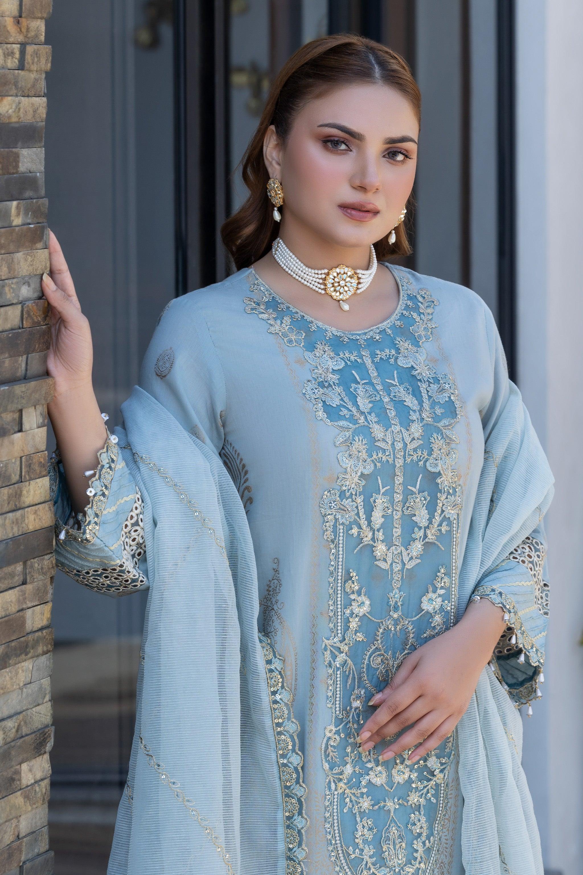 3 Piece Ice Blue Jacquard Ready To Wear - AR-3667 - ARFARIWAJ