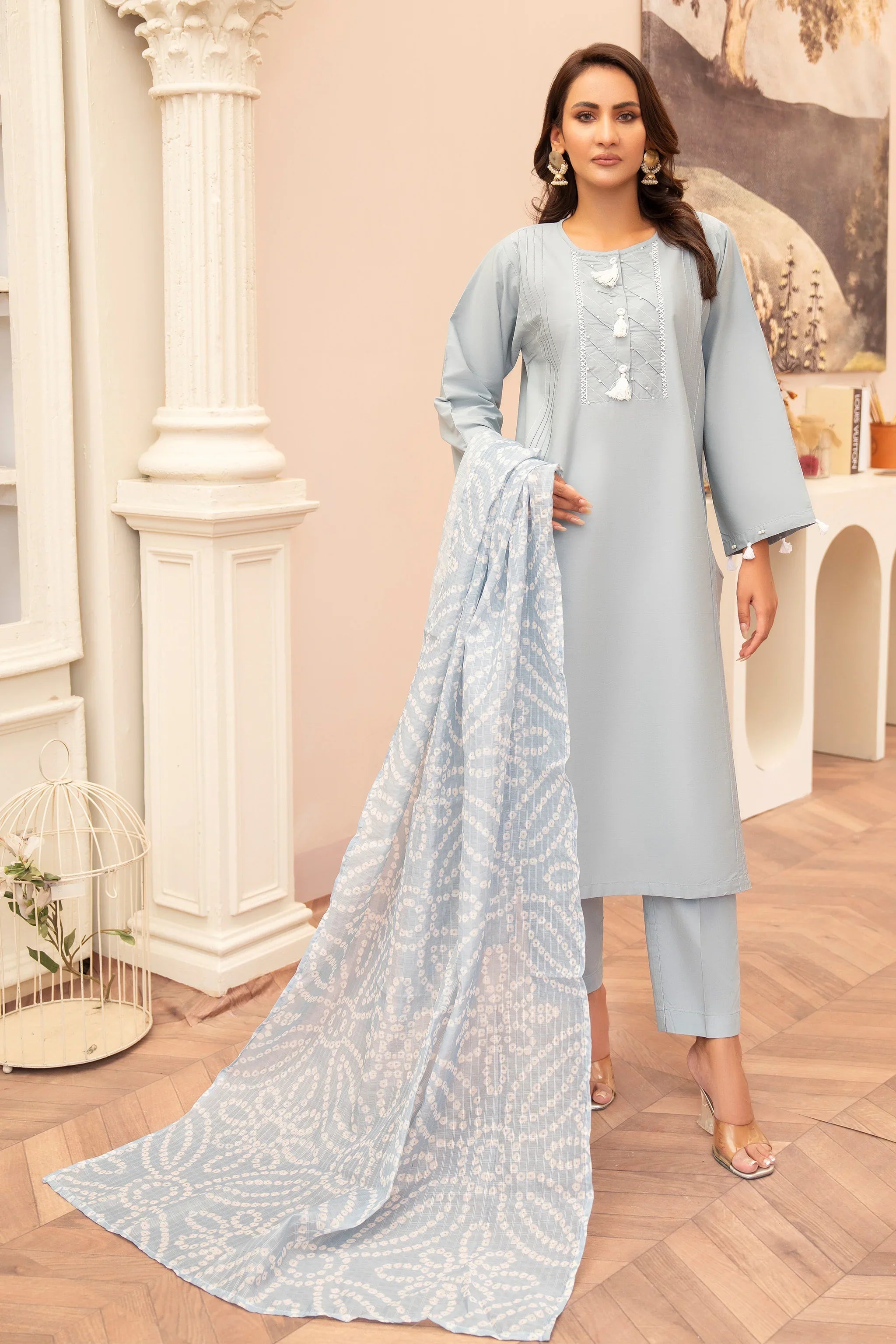 3 Piece Ice Blue Jacquard Suit RTW - AR-3646 - ARFARIWAJ
