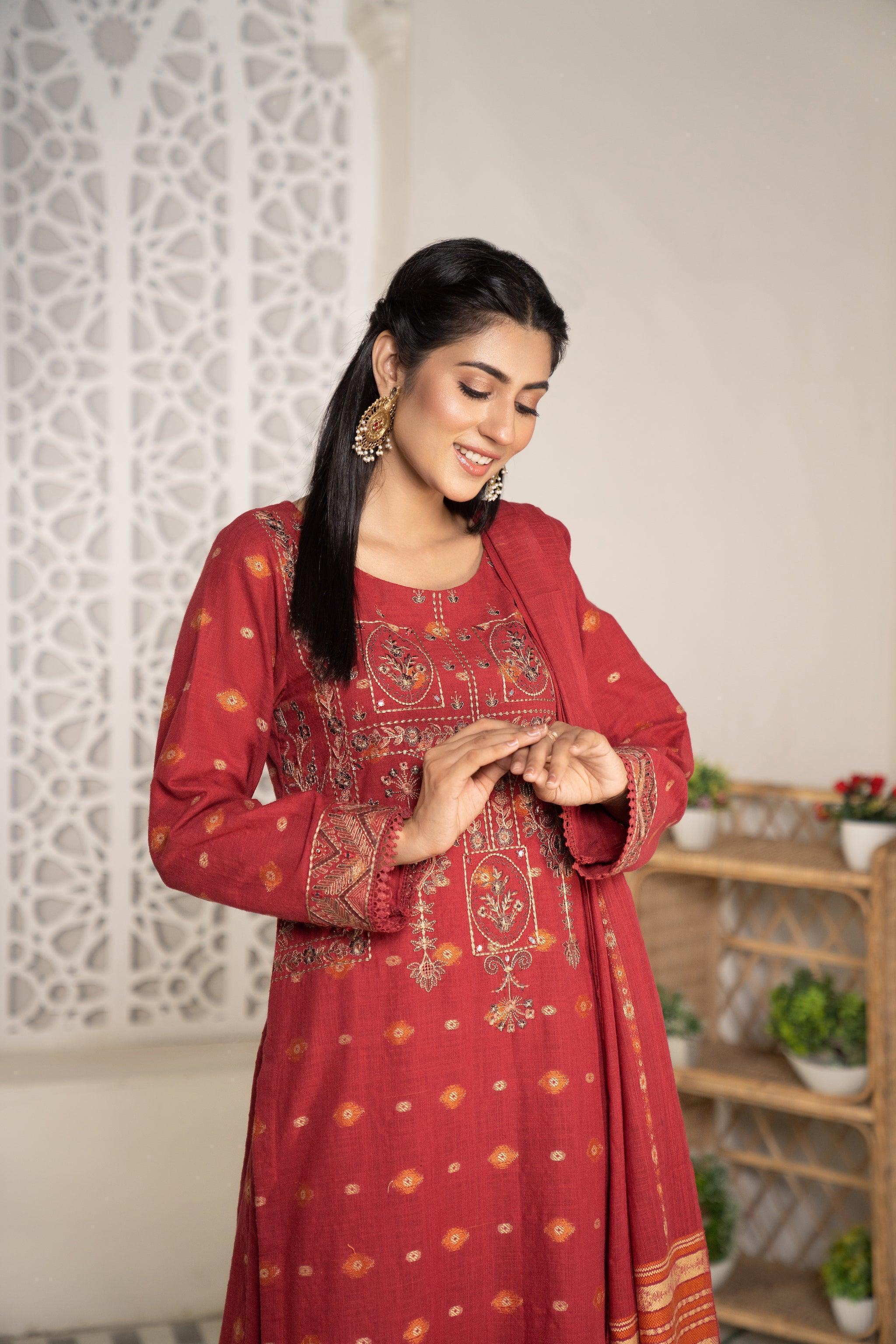 3 Piece Khaddar Suit RTW - AR-3022RED-Mosiquee - ARFARIWAJ