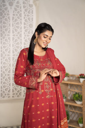 3 Piece Khaddar Suit RTW - AR-3022RED-Mosiquee - ARFARIWAJ