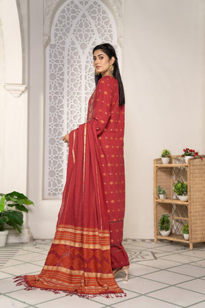 3 Piece Khaddar Suit RTW - AR-3022RED-Mosiquee - ARFARIWAJ