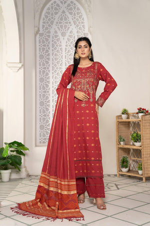 3 Piece Khaddar Suit RTW - AR-3022RED-Mosiquee - ARFARIWAJ