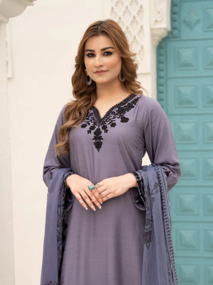 3 Piece Linen Embroidered Suit Read To Wear - AR-3014 - ARFARIWAJ