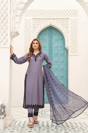 3 Piece Linen Embroidered Suit Read To Wear - AR-3014 - ARFARIWAJ
