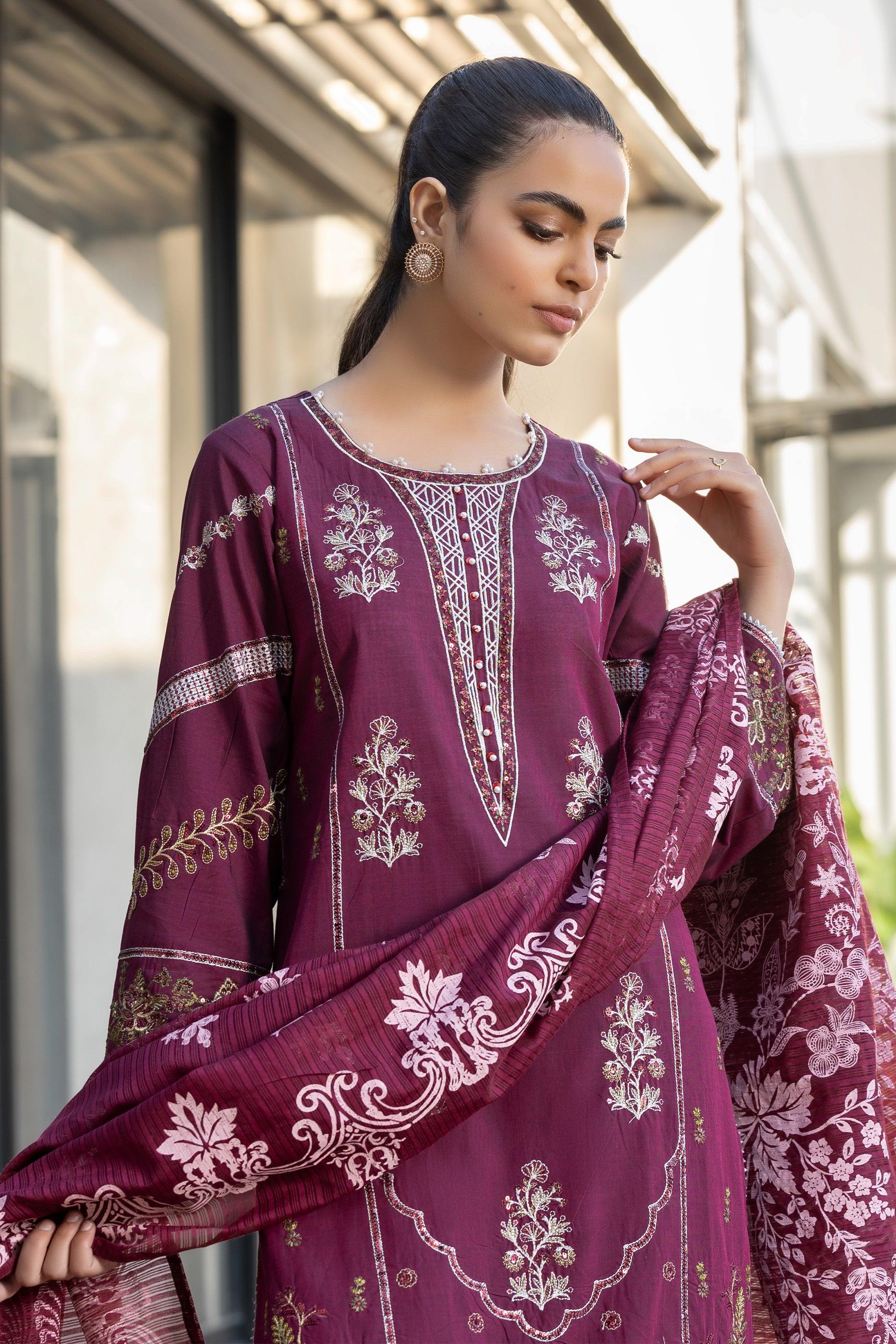 3 Piece Maroon Chambray Ready To Wear - AR-3661 - ARFARIWAJ