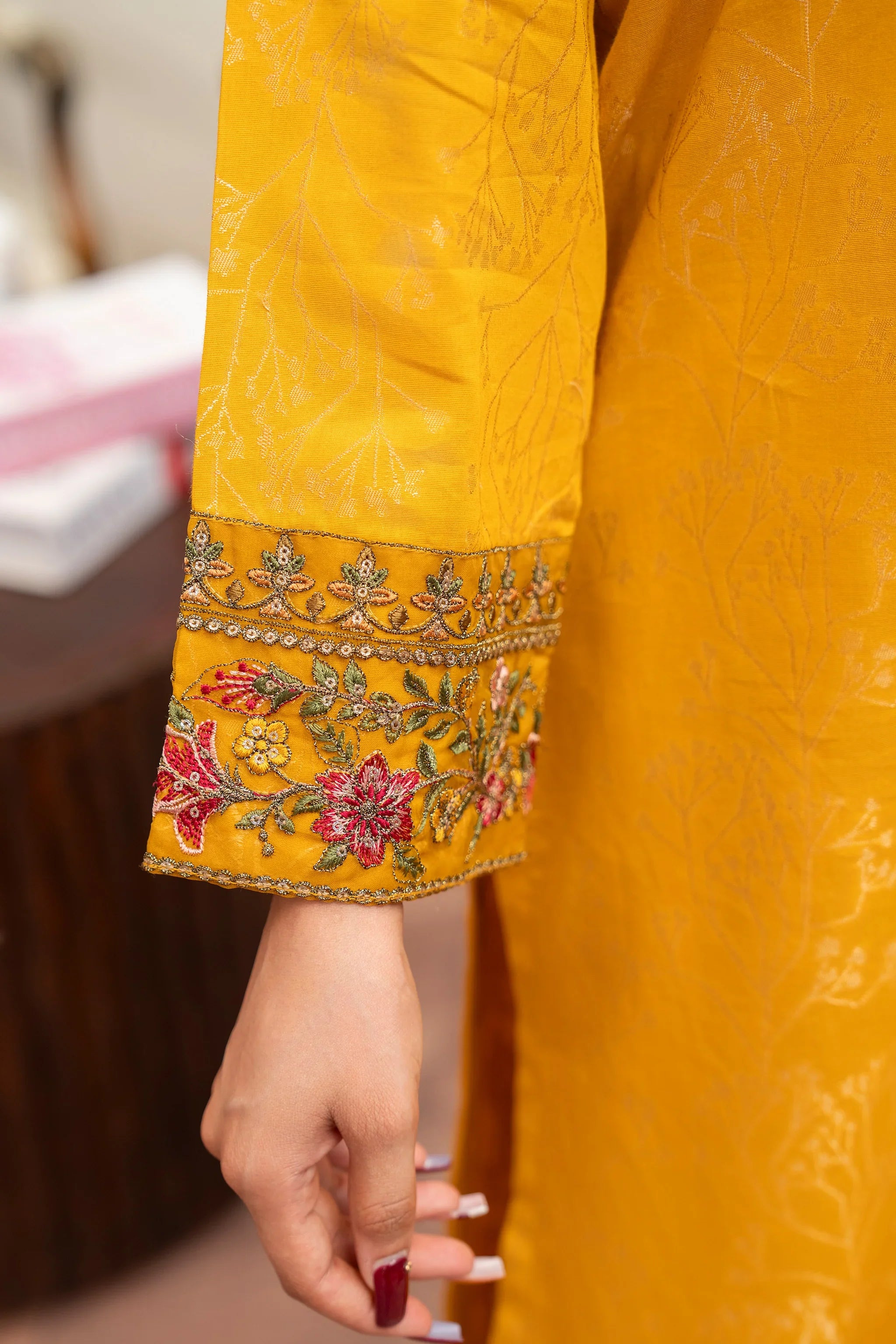 3 Piece Mustard Jacquard Suit RTW - AR-3557 - ARFARIWAJ