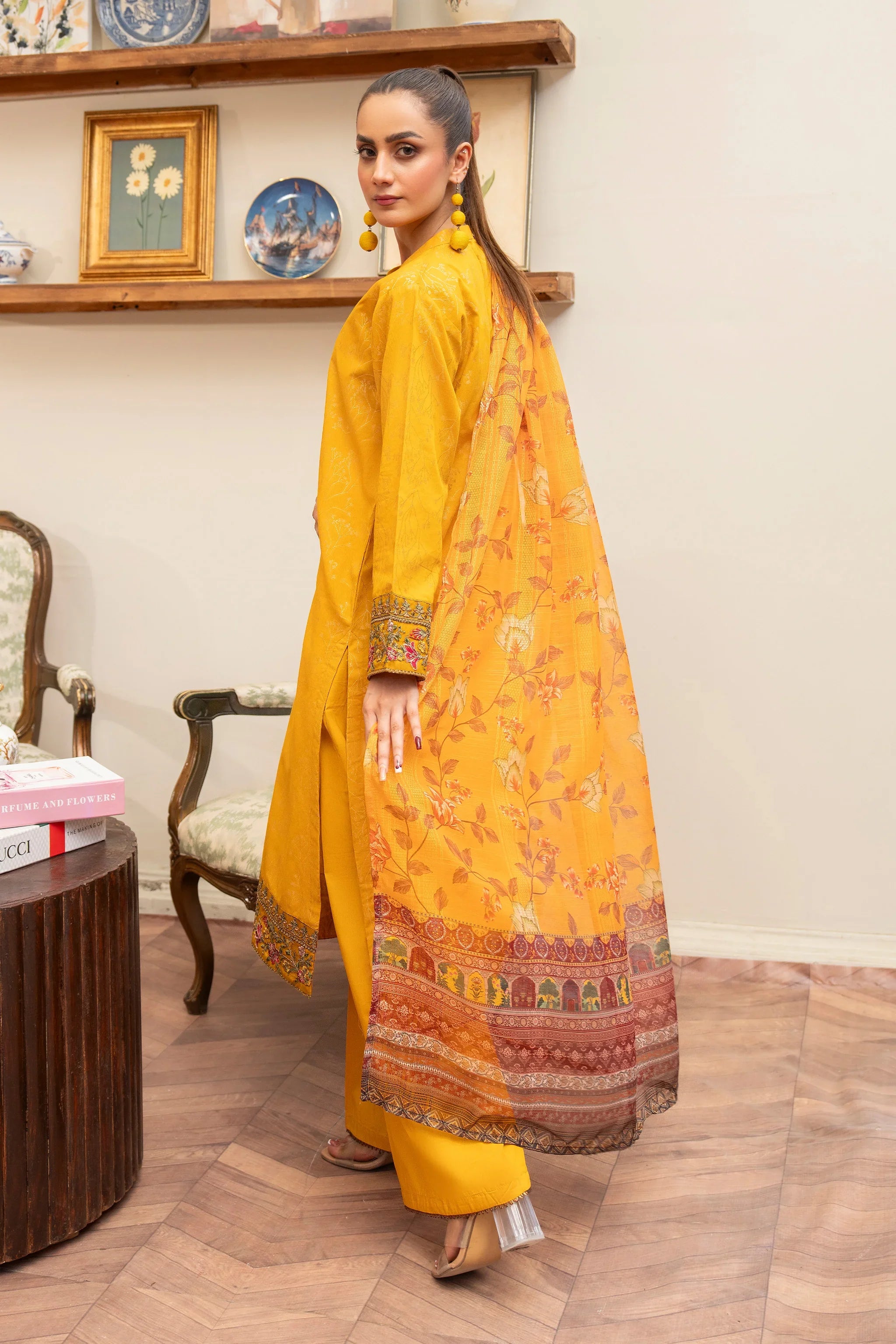 3 Piece Mustard Jacquard Suit RTW - AR-3557 - ARFARIWAJ
