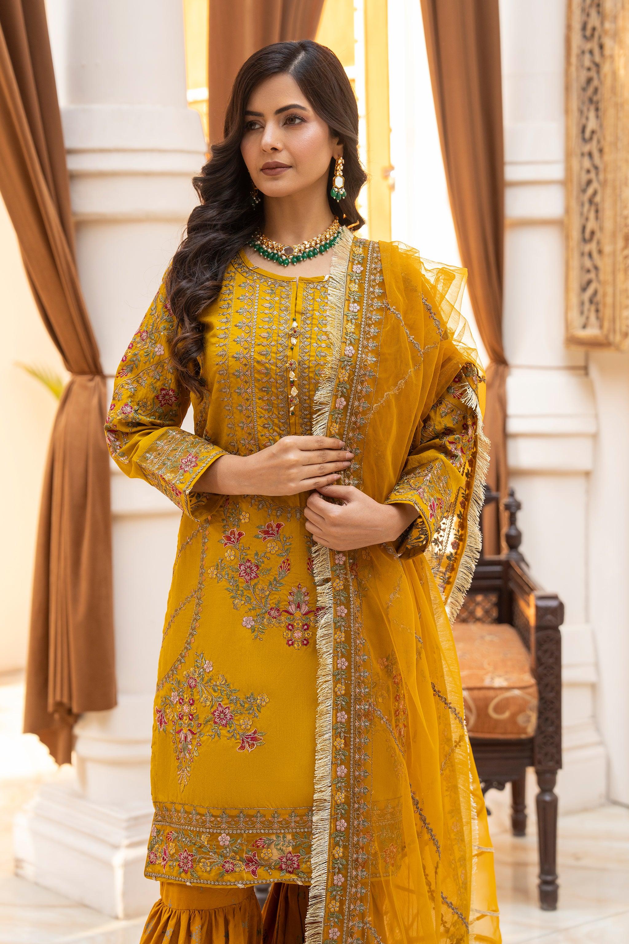3 Piece Mustard Raw Silk Ready To Wear - IN-323 - ARFARIWAJ