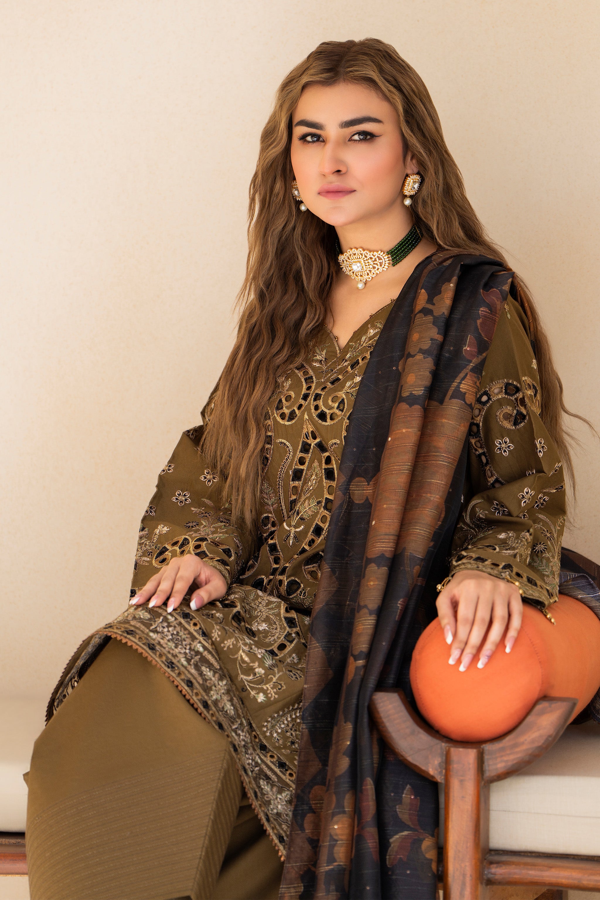3 Piece Olive Jacquard Ready To Wear - AR-3751 - ARFARIWAJ
