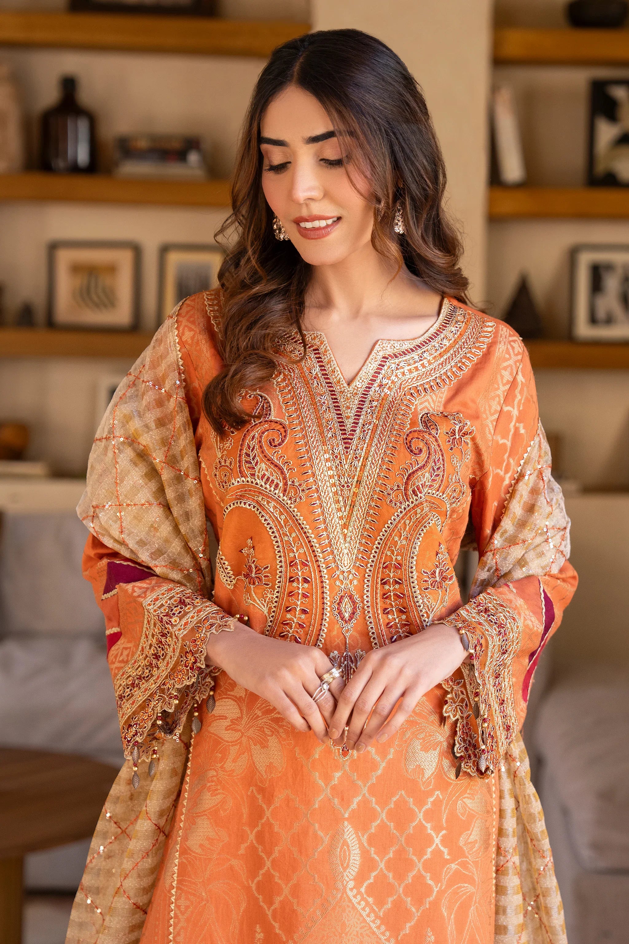 3 Piece Orange Jacquard Ready To Wear - AR-3079 - ARFARIWAJ