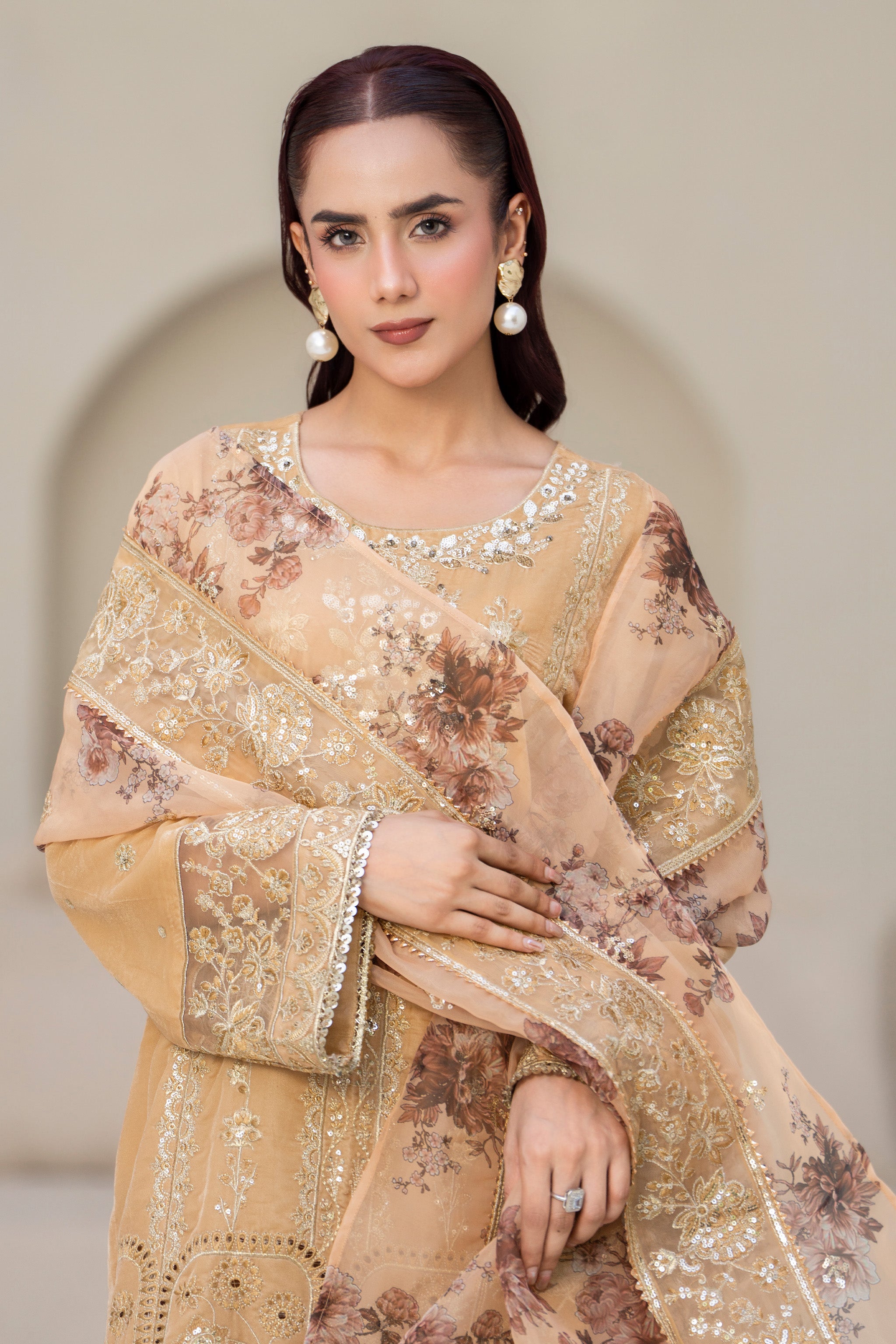 3 Piece Ready To Wear Beige Velvet Suit - IN-391 - ARFARIWAJ