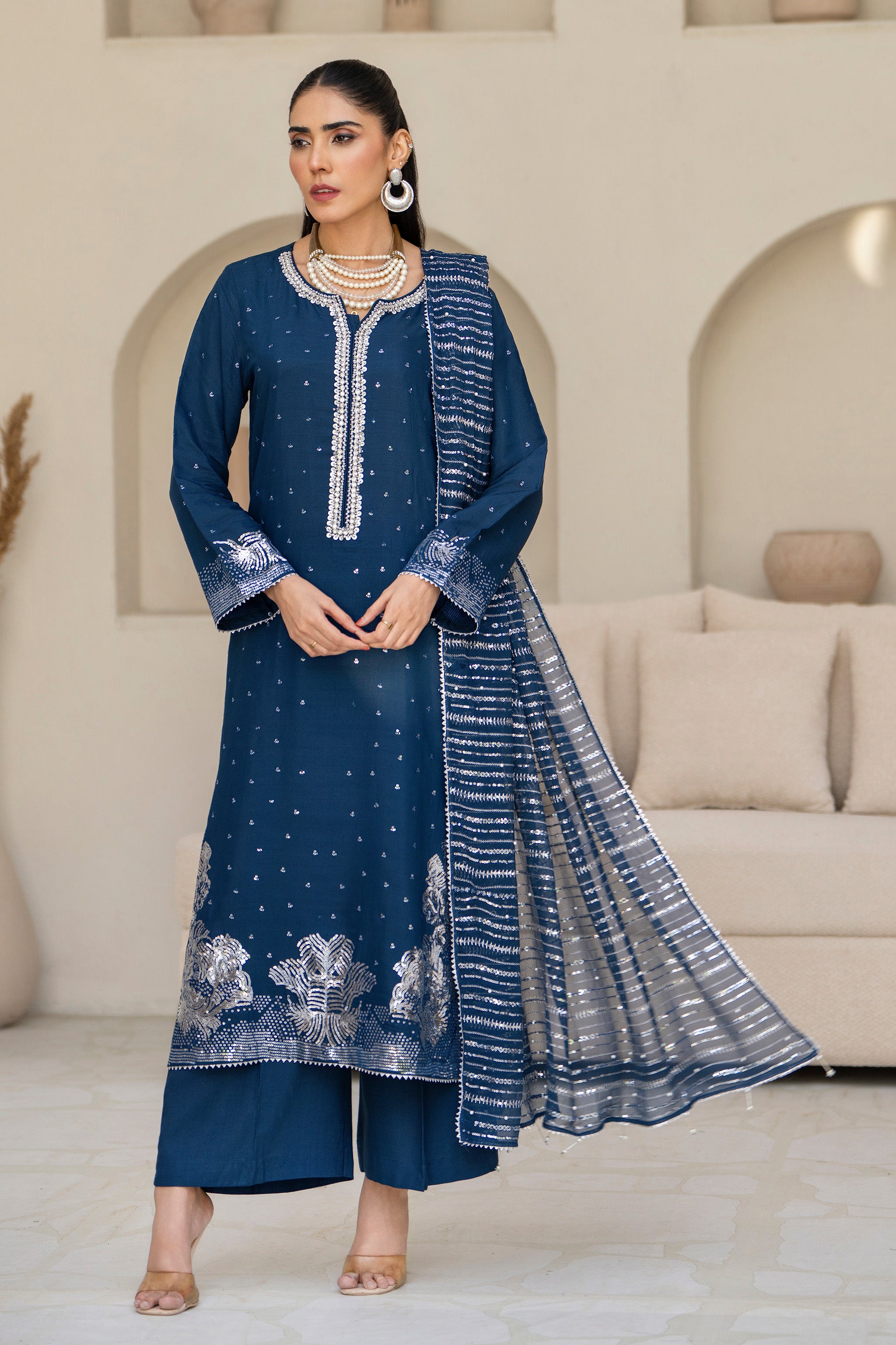 3 Piece Ready To Wear Blue Viscose Suit - IN-387 - ARFARIWAJ
