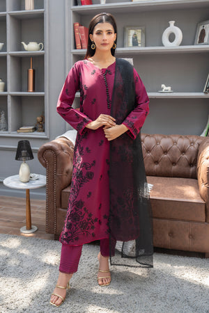 3 Piece Ready To Wear Burgundy Chambray Suit - AR-3852 - ArfaRiwaj