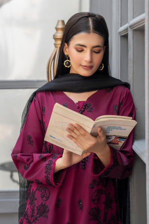 3 Piece Ready To Wear Burgundy Chambray Suit - AR-3852 - ArfaRiwaj