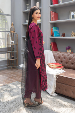 3 Piece Ready To Wear Burgundy Chambray Suit - AR-3852 - ArfaRiwaj