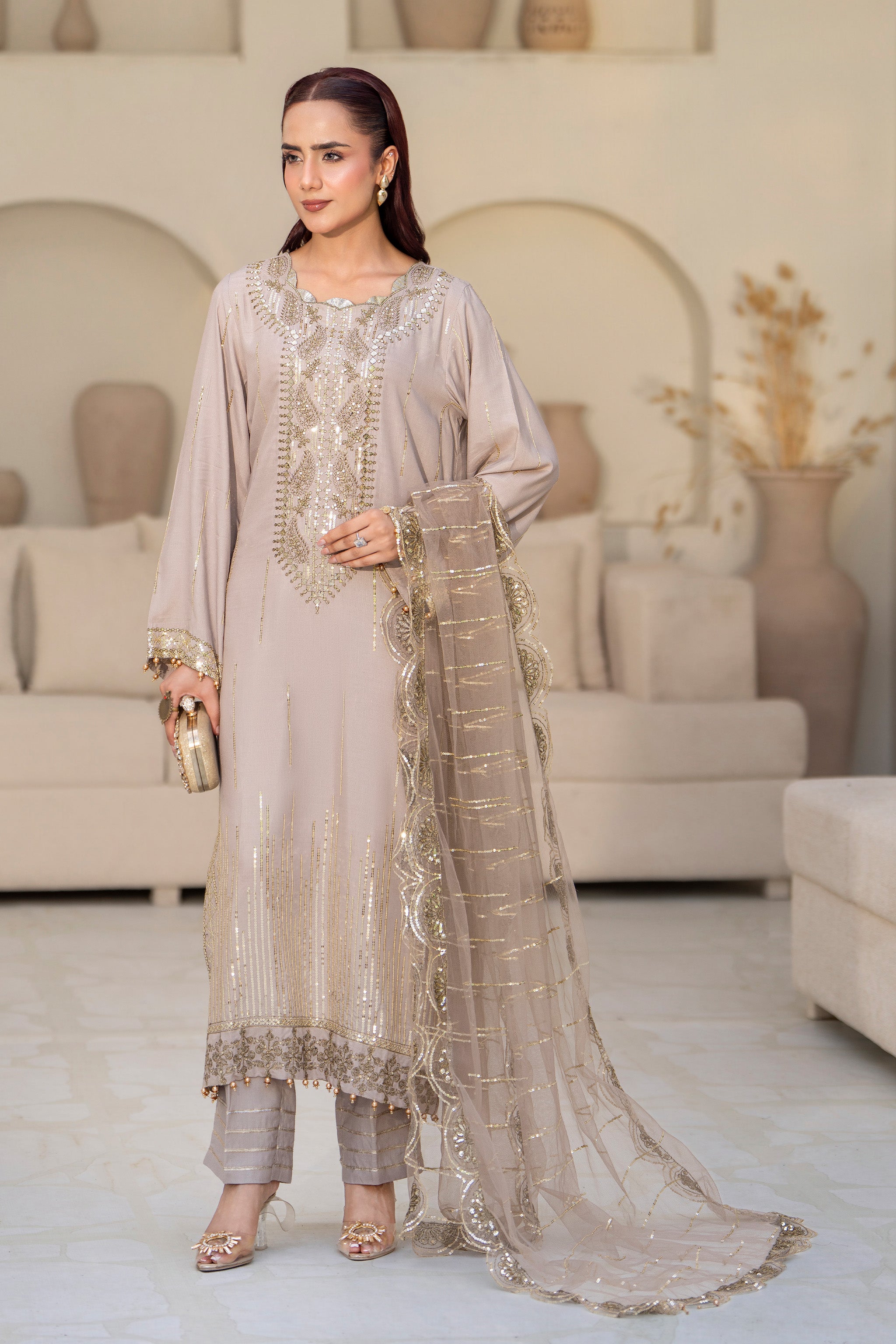 3 Piece Ready To Wear Oat Brown Viscose Suit - AR-3880 - ARFARIWAJ