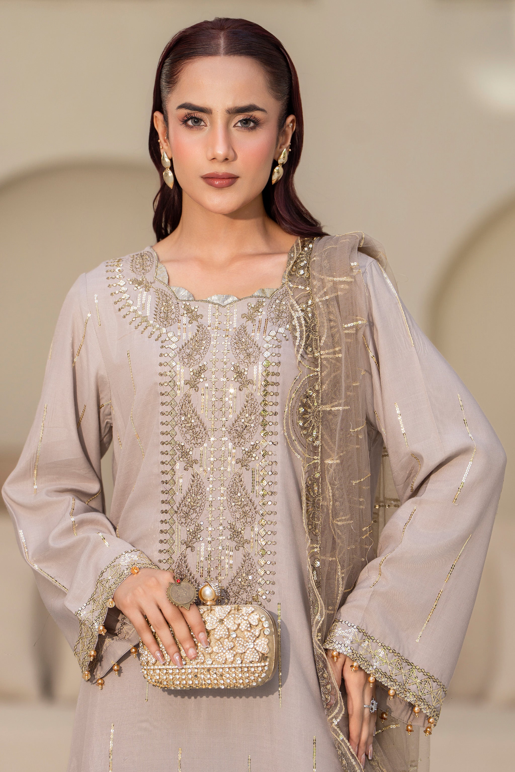 3 Piece Ready To Wear Oat Brown Viscose Suit - AR-3880 - ARFARIWAJ