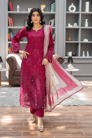 3 Piece Ready To Wear Plum Cambric Suit - AR-3804 - ArfaRiwaj