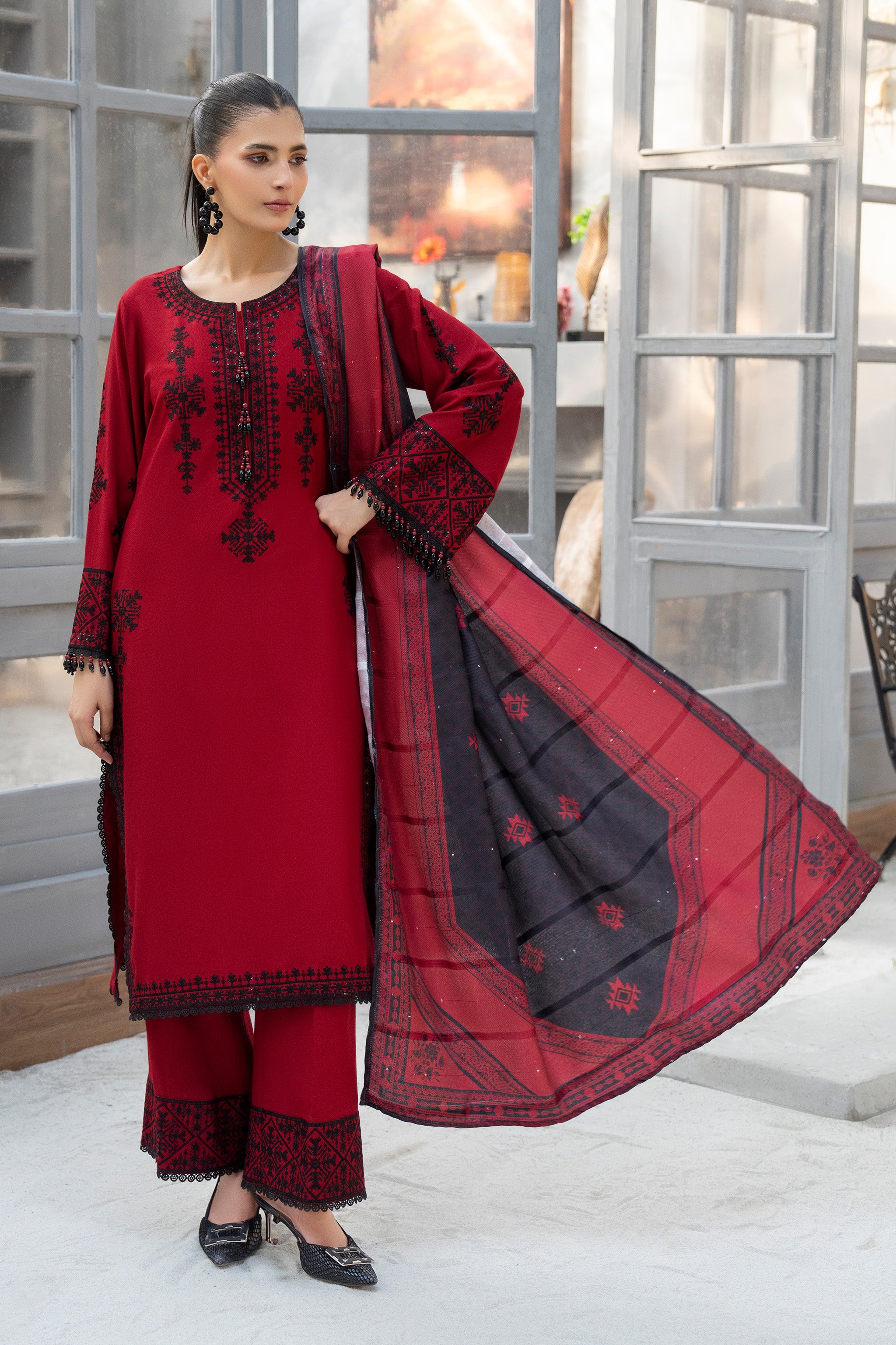 3 Piece Ready To Wear Red Embroidered Suit - AR-3897 - ARFARIWAJ