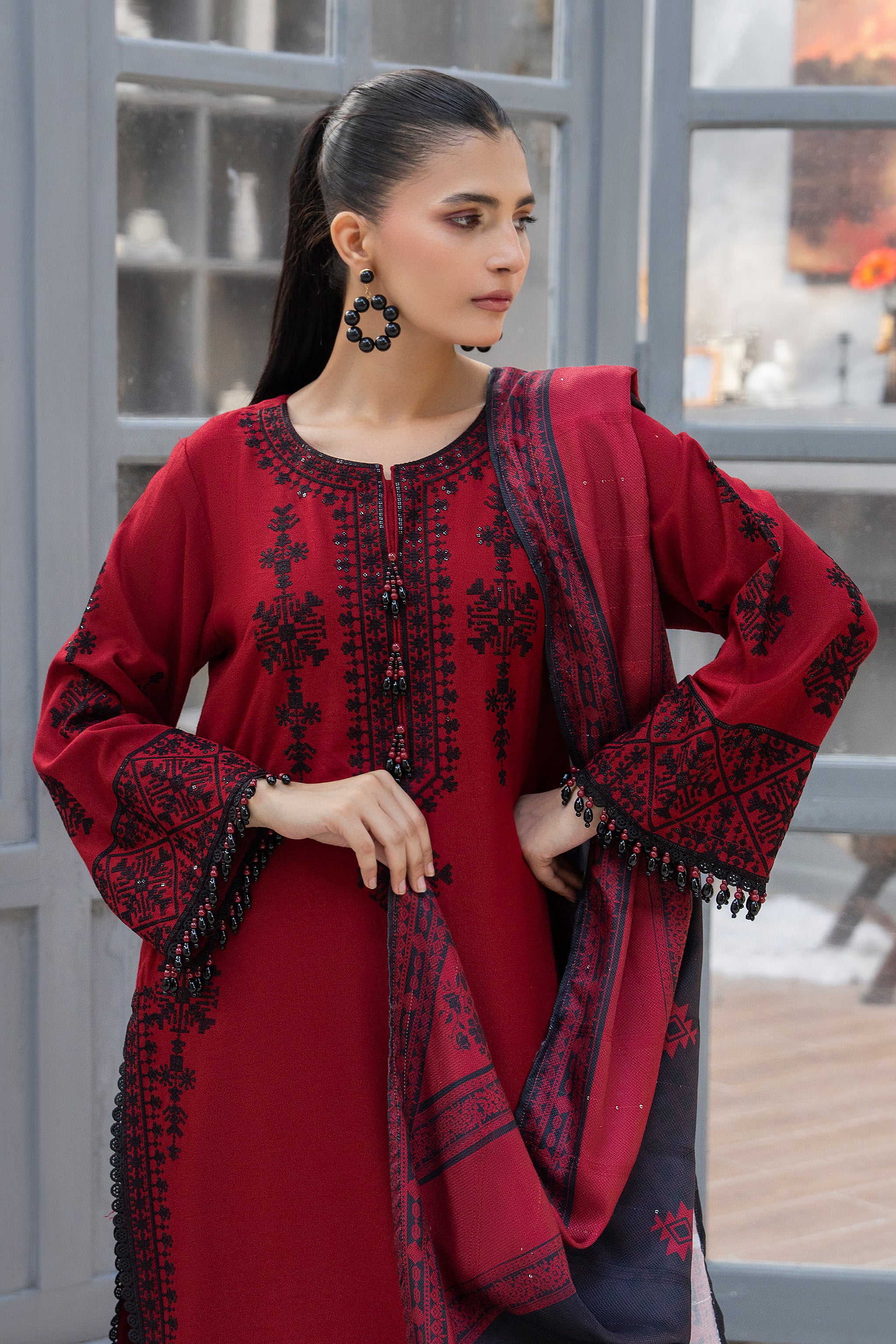 3 Piece Ready To Wear Red Embroidered Suit - AR-3897 - ARFARIWAJ