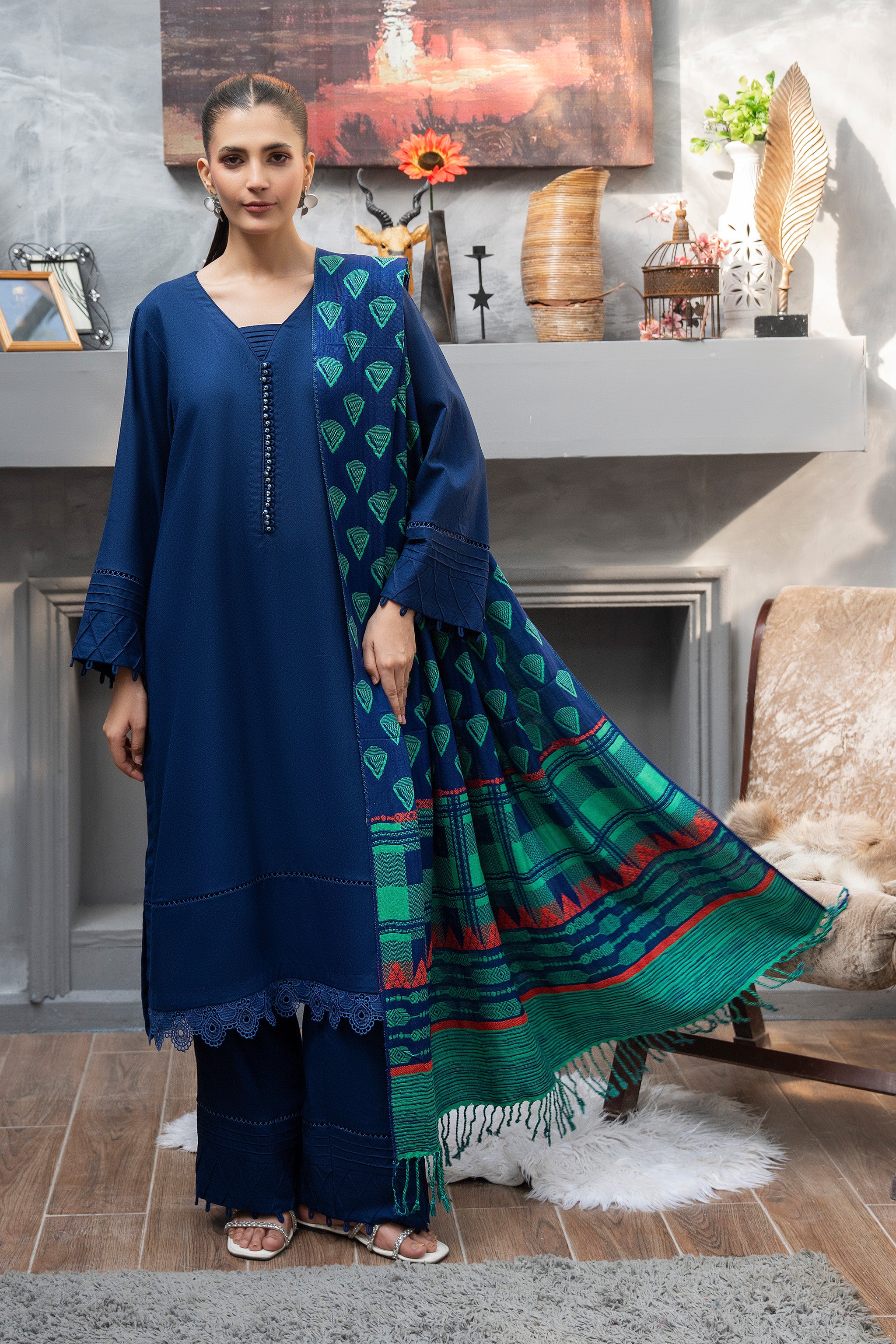 3 Piece Ready To Wear Royal Blue Suit - AR-3913 - ARFARIWAJ